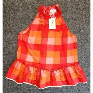 THML Smocked Ruffle Neck Halter Neck Sleeveless Peplum Top M Y2K Orange Pink Red